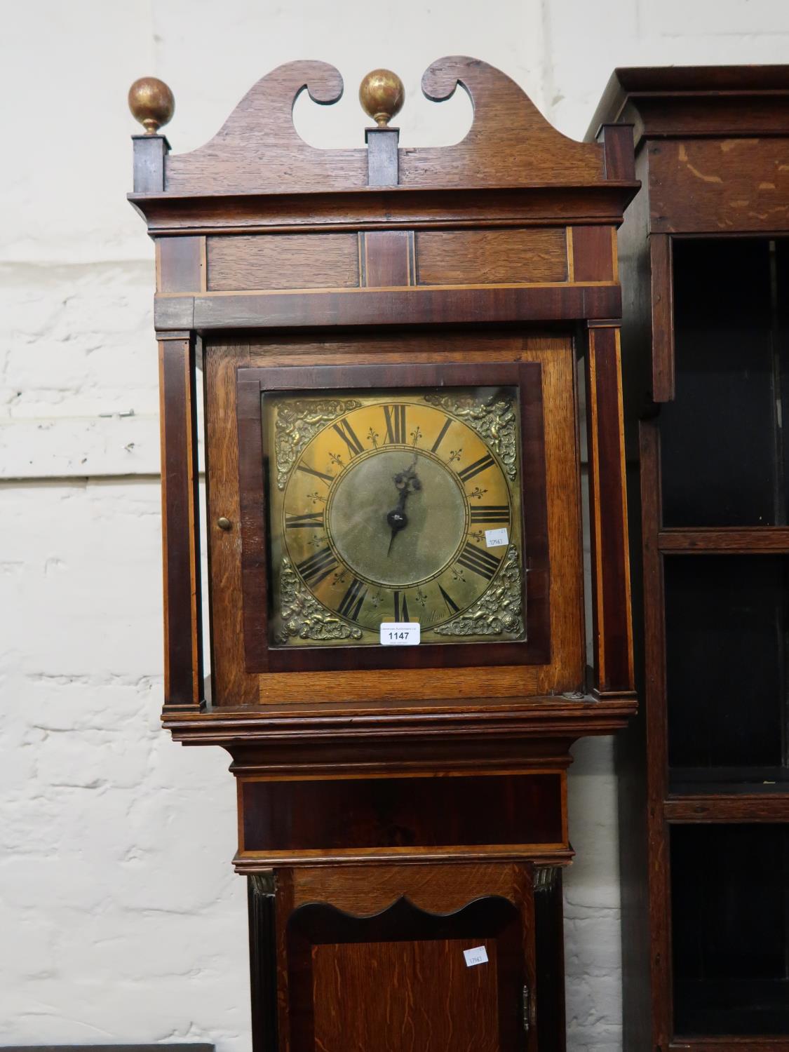 19th Century oak and mahogany banded longcase clock, the brass dial with Roman numerals and single