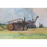 Robbie MacGregor, group of four watercolour illustrations, a steam engine, a Morgan motor car, a