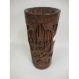 Chinese bamboo brush pot carved with figures in a landscape, signed to the reverse, 12ins high
