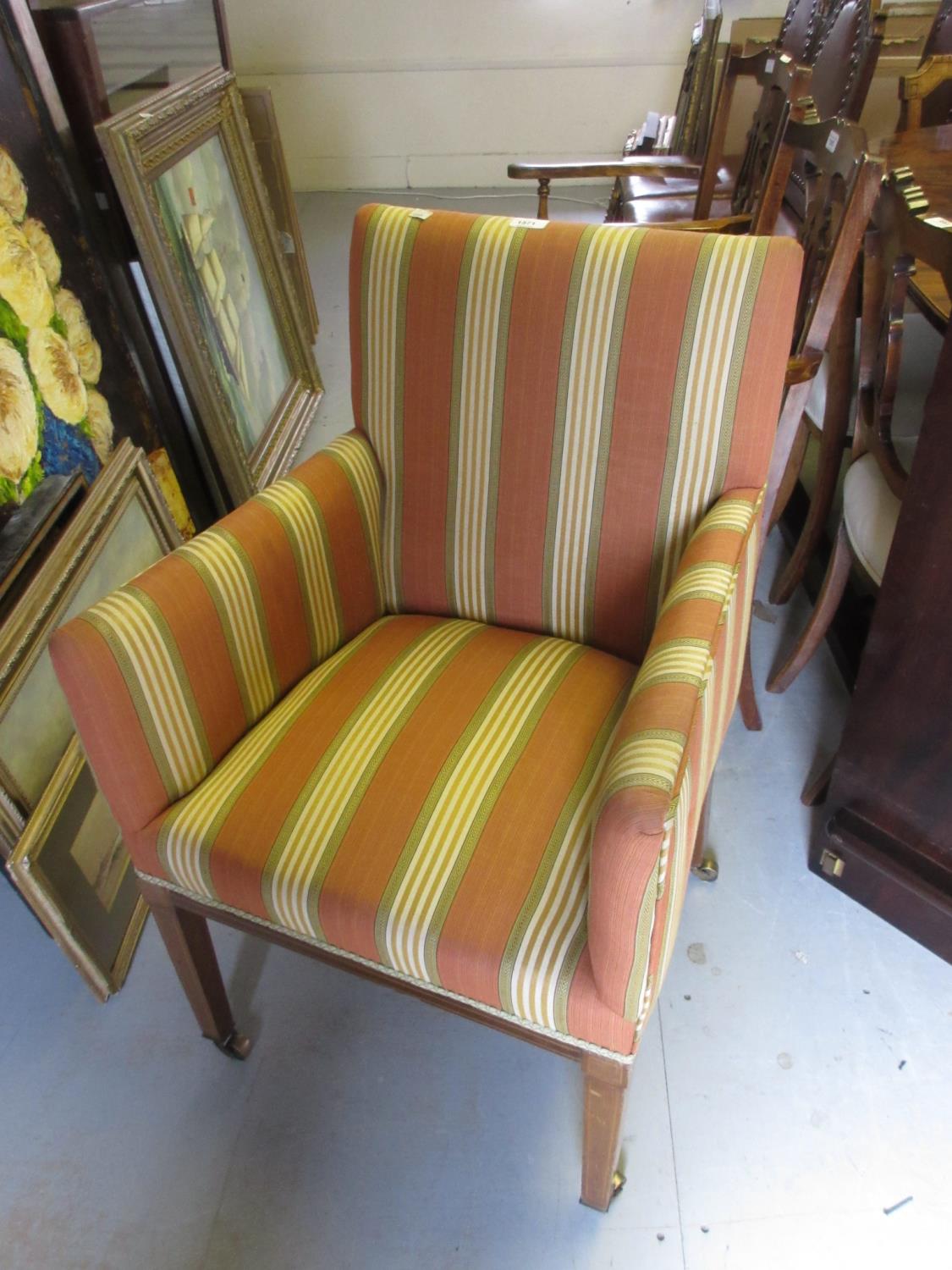 Edwardian mahogany and line inlaid square tub form drawing room armchair upholstered in a stripe