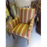 Edwardian mahogany and line inlaid square tub form drawing room armchair upholstered in a stripe