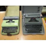 Olivetti Lettera 22 typewriter in soft case having green finish, together with an Olympia typewriter