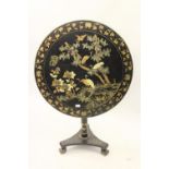 19th Century Chinese export circular black lacquer chinoiserie decorated tilt top pedestal table