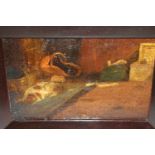 19th Century oil on canvas, loosely laid on board, study of a dog resting by a fire, rosewood framed