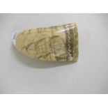 19th Century whale tooth scrimshaw, etched with a British naval two masted ship (chip to the tip)