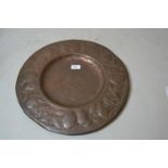 Circular Arts and Crafts copper wall plate embossed with fruit, 17.5ins diameter
