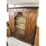 Large 19th Century French fruitwood shallow side cabinet, the moulded cornice above a carved frieze,