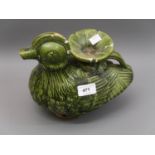 Oriental pottery green glazed figure of a duck (damages), 8.75ins wide
