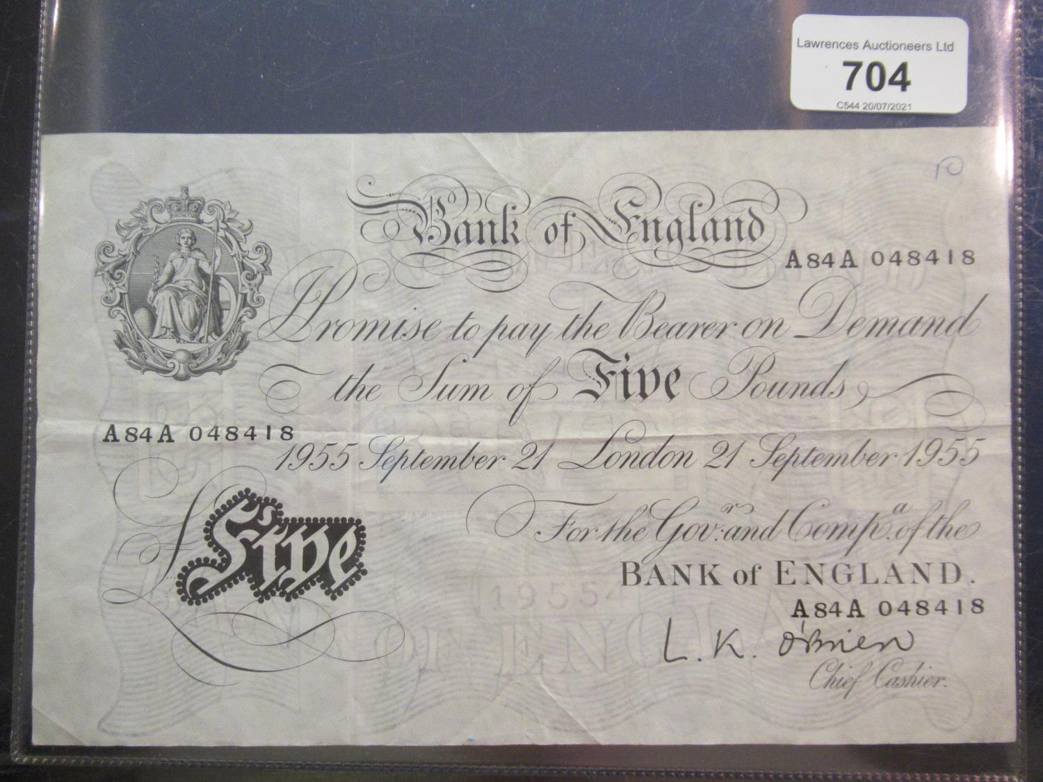 Bank of England white five pound note 1955