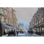 Rod Pearce, oil on board, ' St. James Street, Brighton ' scene with figures and a horse drawn