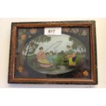Pair of small Chinese reverse painted pictures on glass, figures fishing and figures carrying a