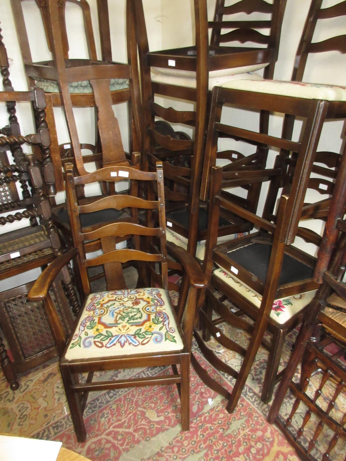 Small mid 20th Century oak draw-leaf dining table, a set of six (four plus two) ladderback dining - Image 3 of 4