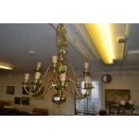 Christopher Wray brass twelve light electrolier in antique Dutch style, 21ins high excluding chain