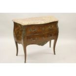 Small 20th Century French Kingwood inlaid and ormolu mounted commode, the rouge marble top above two