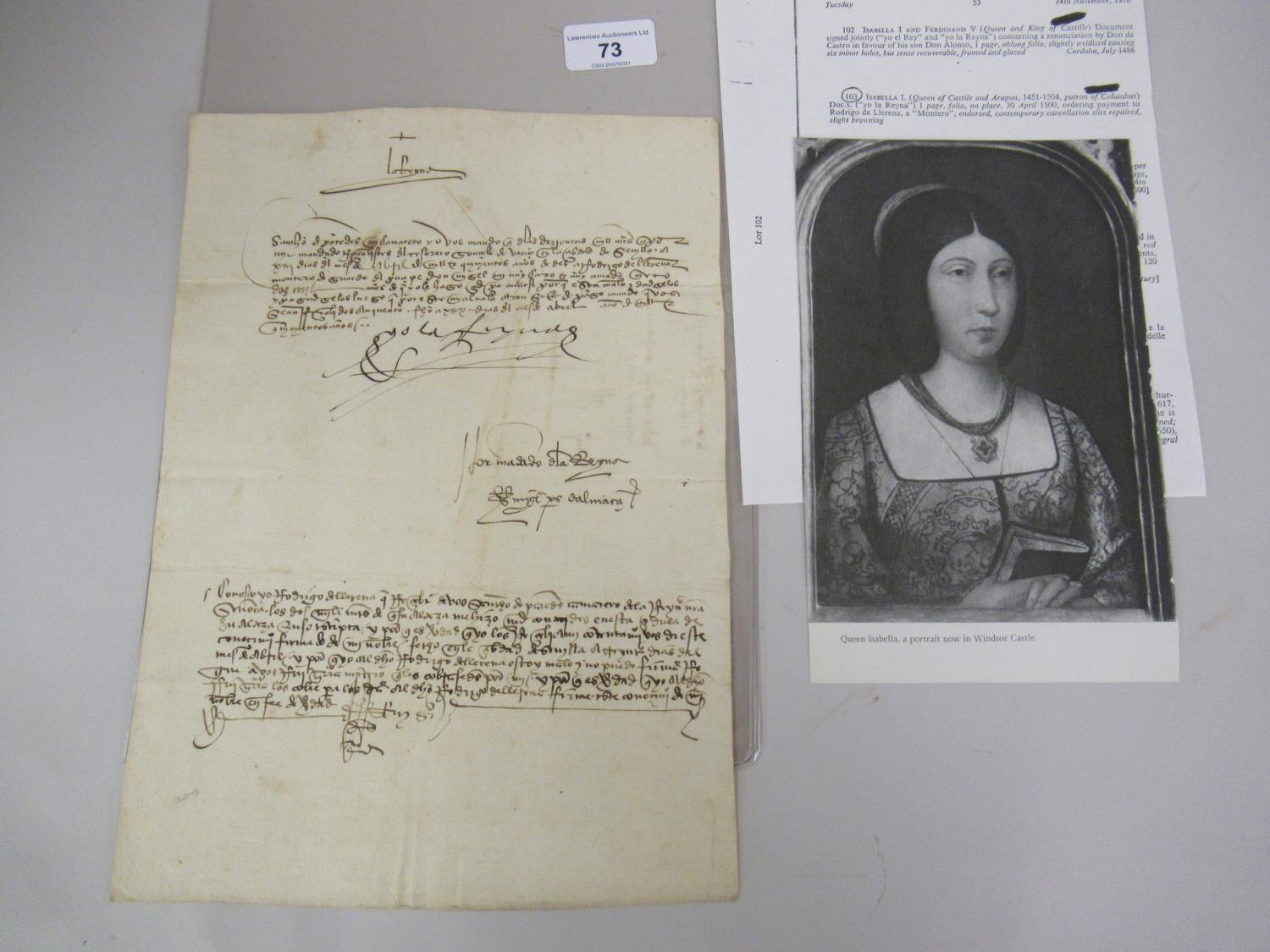 Isabella I (Queen of Castile and Aragon 1451 to 1504, Patron of Columbus), one page folio document