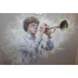 Dennis Frost, pastel drawing of a young man playing a trumpet, unsigned (Mall Galleries label