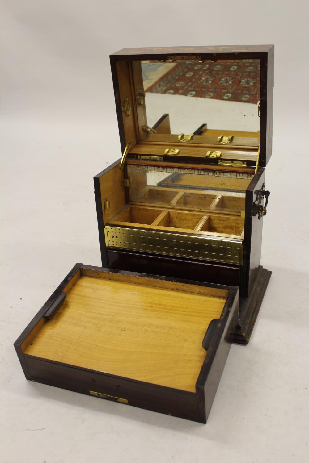 19th Century rosewood floral and urn inlaid decanter / games box having hinged cover, with - Image 2 of 2