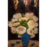 Marie Claude Jacques, acrylic on canvas ' Parfum de Femmes ', still life with flowers, signed, 44ins