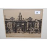 Henry Rushbury, signed etching, figures and horse guards at Whitehall, 8.5ins x 10.75ins, framed