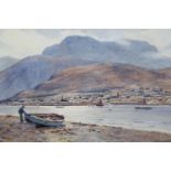 Warren Williams ARCA, watercolour, figure, boats and distant town in a Highland estuary, signed, 9.