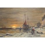 19th Century oil on board, coastal landscape at sunset with figures and boats, monogrammed N.B.,