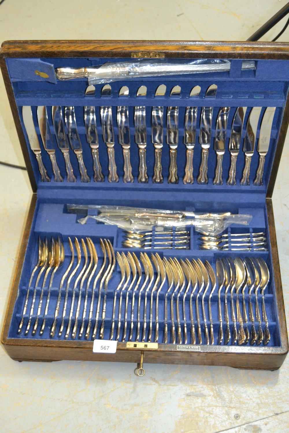 Mappin & Webb, an eight place setting canteen of silver plated cutlery, in a fitted oak case