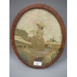 Small late 18th / early 19th Century Berlin silkwork picture of a girl in a landscape, oval mahogany