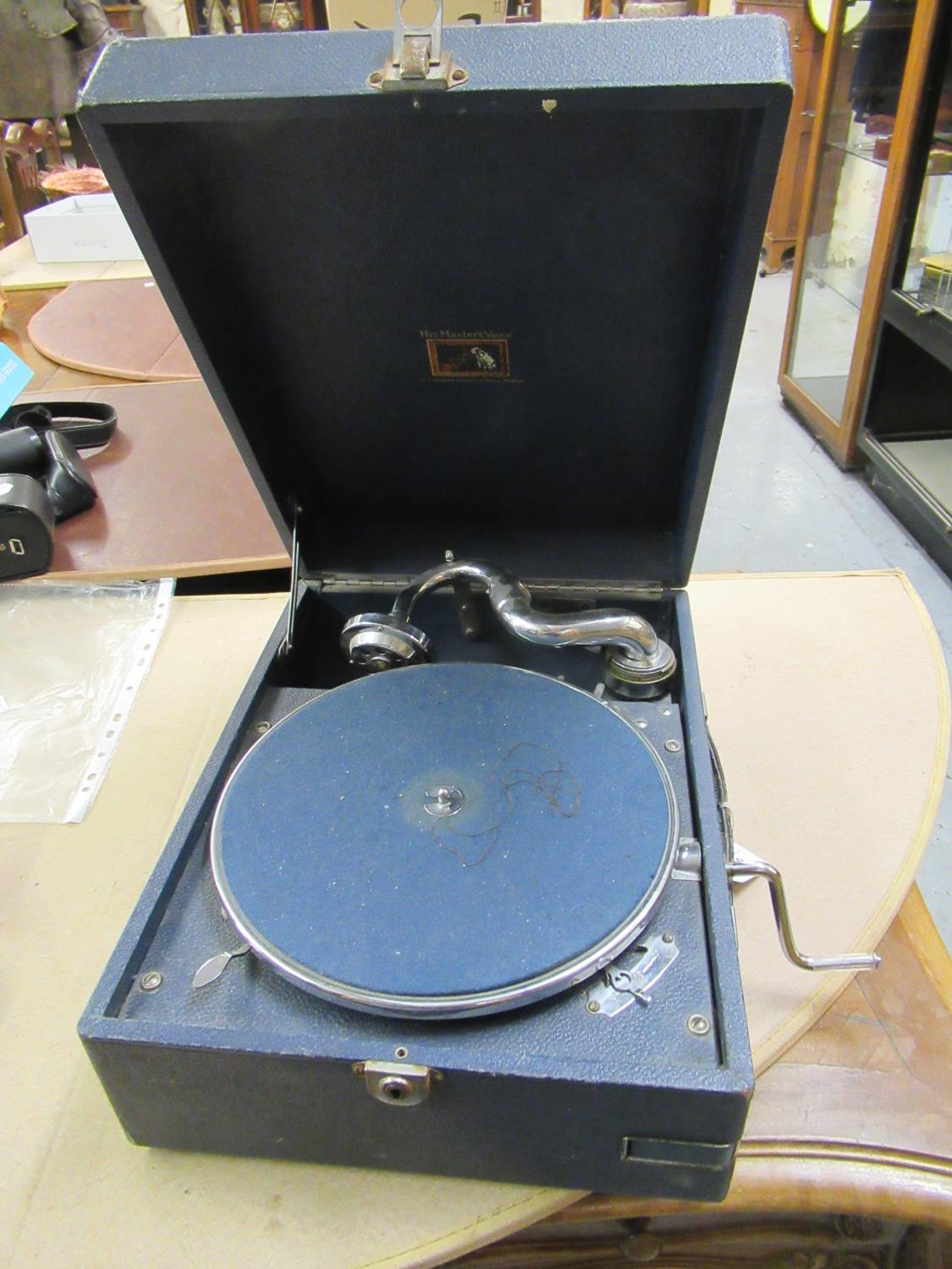 HMV table model wind-up portable gramophone in a blue rexine covered case