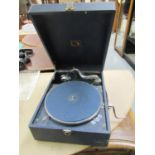 HMV table model wind-up portable gramophone in a blue rexine covered case