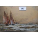 Sir Oswald Walter Brierly RWS, watercolour, steam and sailing boats off a jetty, signed, 6.5ins x