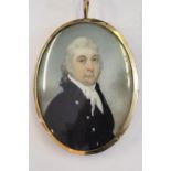 18th / 19th Century English school, watercolour portrait miniature of a gentleman wearing a blue