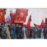 Russian oil on board, procession near the Kremlin, signed and inscribed verso, 9.5ins x 18ins