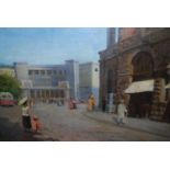 Unframed oil on canvas, figures in a city street, indistinctly signed E. Ertz ?, 17.5ins x 23.5ins