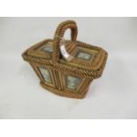 19th Century American folk art straw work basket with double hinged covers inset with prints of