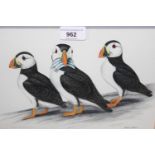 Martin Salmon, watercolour, study of three puffins, 7.25ins x 10.75ins, gilt framed