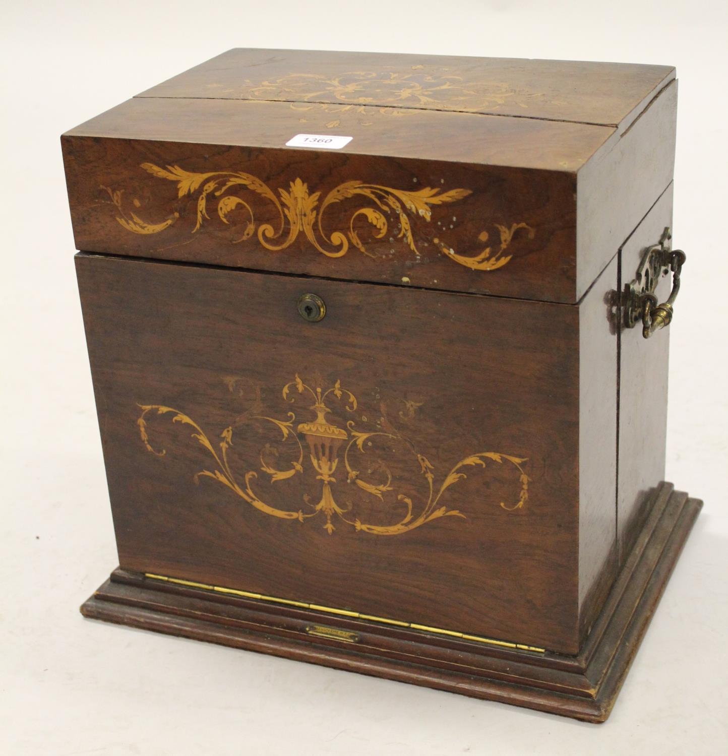 19th Century rosewood floral and urn inlaid decanter / games box having hinged cover, with