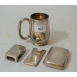 Small Sheffield silver baluster form mug, silver cigarette case, match box cover and card case, 11oz