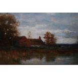 James Edward Grace signed oil on board, dwellings by lake and cattle grazing, 9ins x 12.5ins