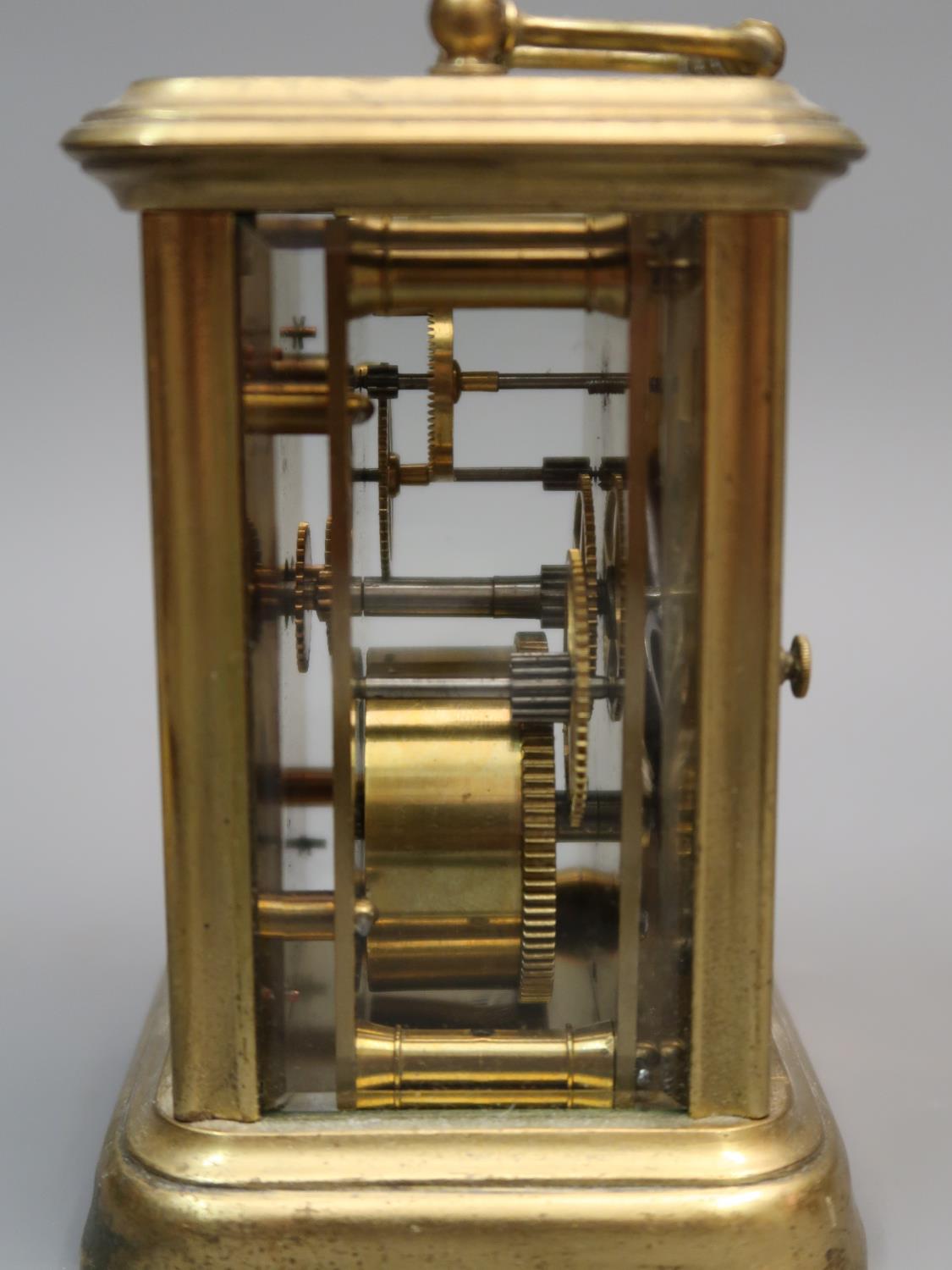 Small brass cased carriage clock, the enamel dial with Roman numerals and single train movement, 4. - Image 2 of 3