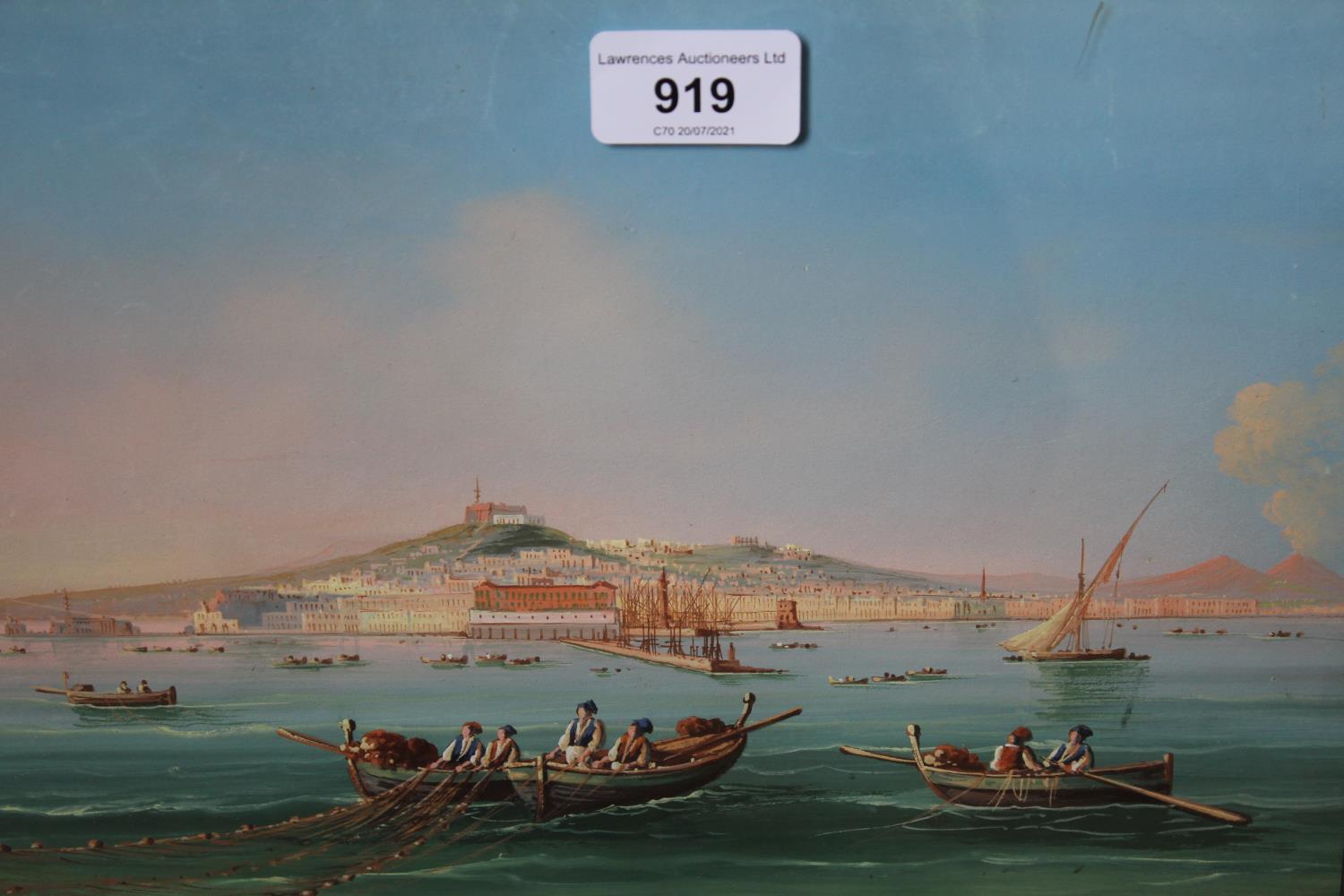 Early 20th Century gouache, figures fishing to the foreground with Bay of Naples and various