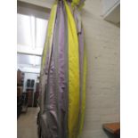Pair of good quality curtains with pleated headings in striped mauve, yellow and grey, fully