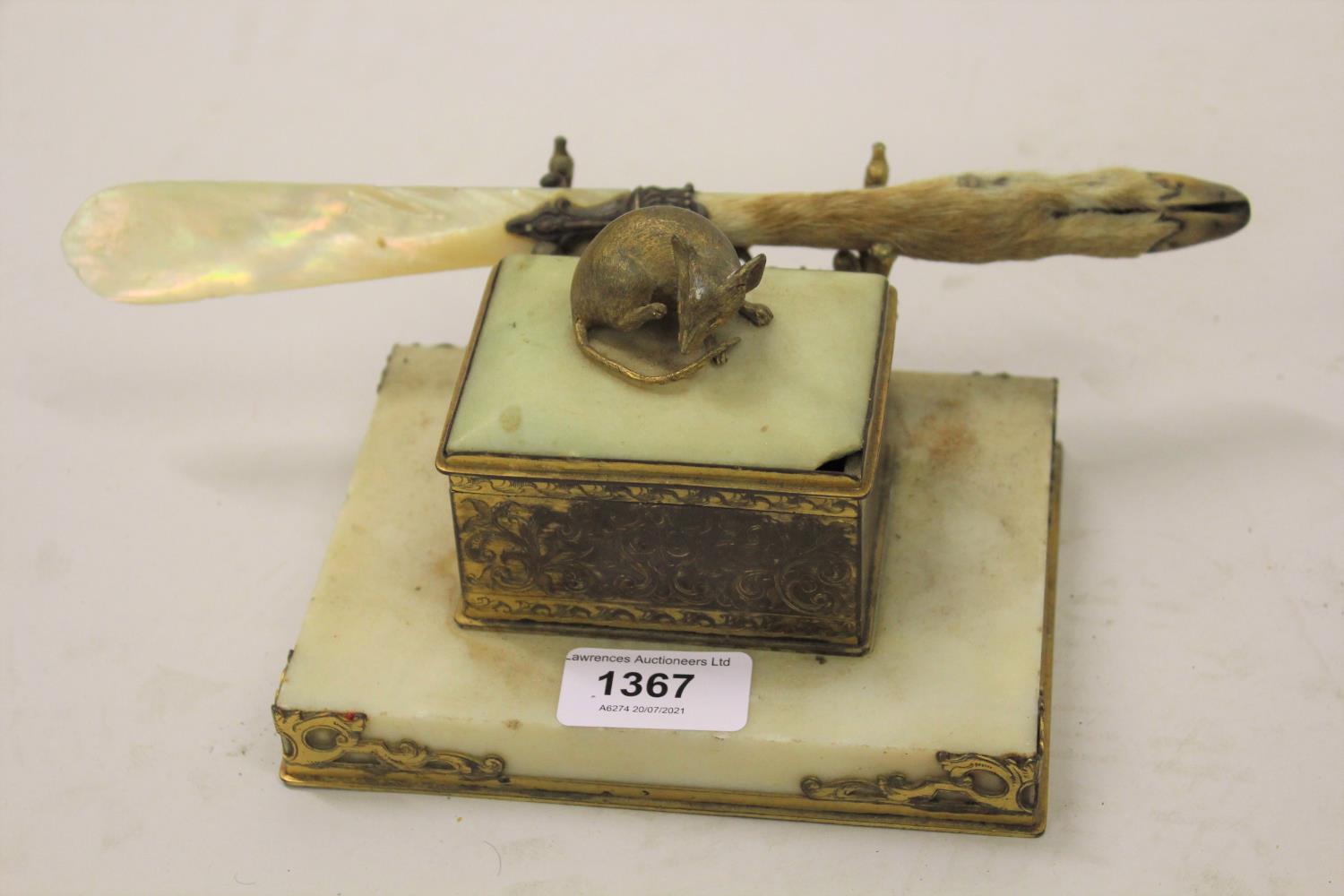 19th Century white marble and gilt brass mounted desk tidy with pen holder, the hinged cover mounted