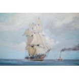 Three unframed oils, tall ship and tug boat, signed Robert Bryan, port scene at sunset, and shipping