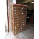 Late 19th / early 20th Century oak workshop, bank of sorted drawers with brass knob and cup handles,