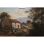 Julius Godet, oil on canvas, figure before a watermill in a Highland landscape, signed, 10ins x