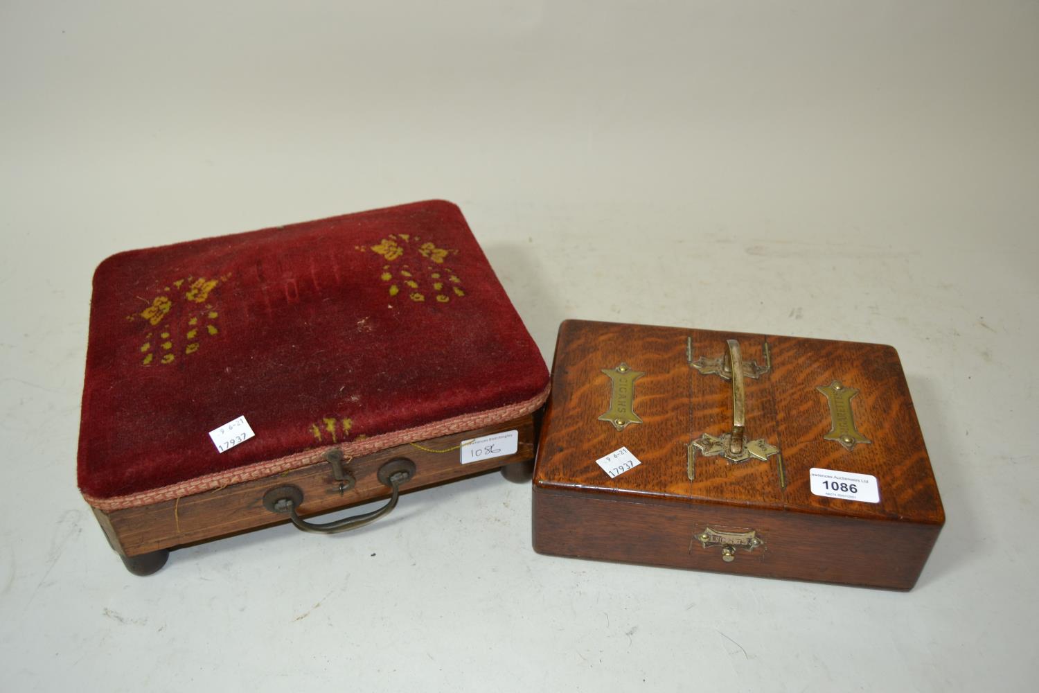 Oak silver plate mounted cigarette and cigar box with two drawers for lights, and a mahogany