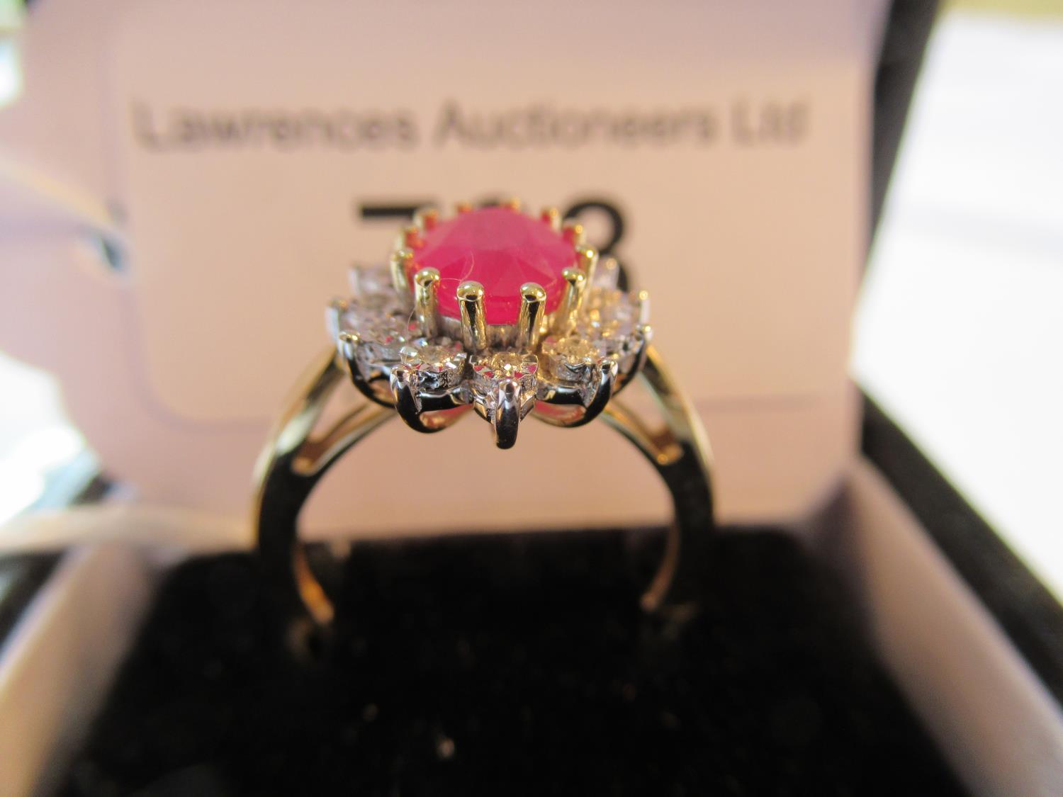9ct Yellow gold oval ruby and diamond cluster ring - Image 2 of 3