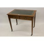 Edwardian mahogany and satinwood crossbanded two drawer writing table with a green leather inset