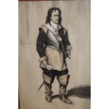 Antique maplewood framed watercolour, portrait of Oliver Cromwell, 10ins x 7ins