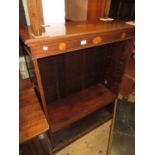 Edwardian mahogany line and shell inlaid open book case, having three adjustable shelves on a plinth